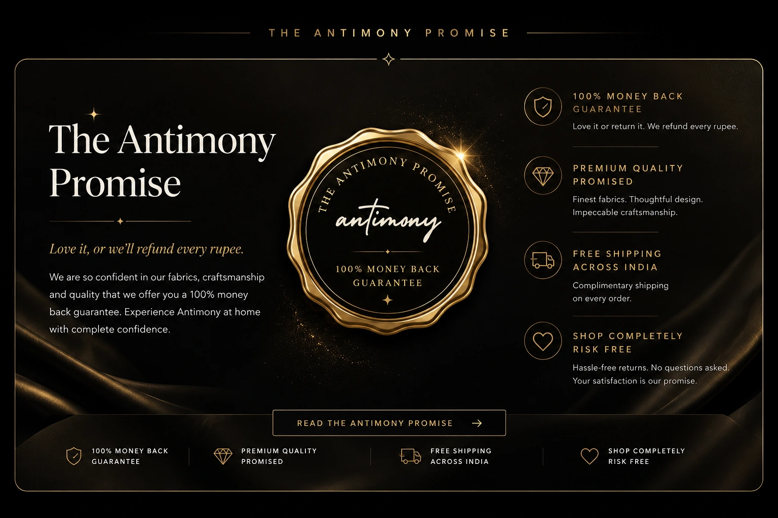 The Antimony Promise. Love it or we refund every rupee. 100% money back guarantee. Premium quality promised. Free shipping across India. Shop completely risk free.